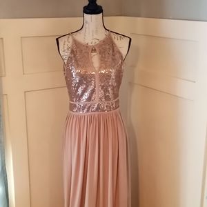 Morgan& Co Long Rose Gold Formal Sequined Halter Dress Sz 9